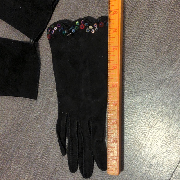 Black Suede Gloves Arm Sleeves Gauntlet Sequined Elegant 4pc Set Vintage SZ S - Picture 15 of 15